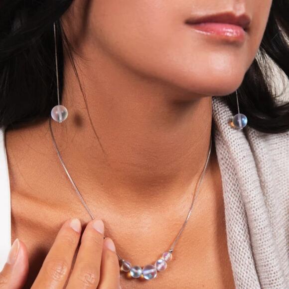 Nogu Mermaid Glass Chain Drop Threader Earrings - Rainbow White - Picture 5 of 10